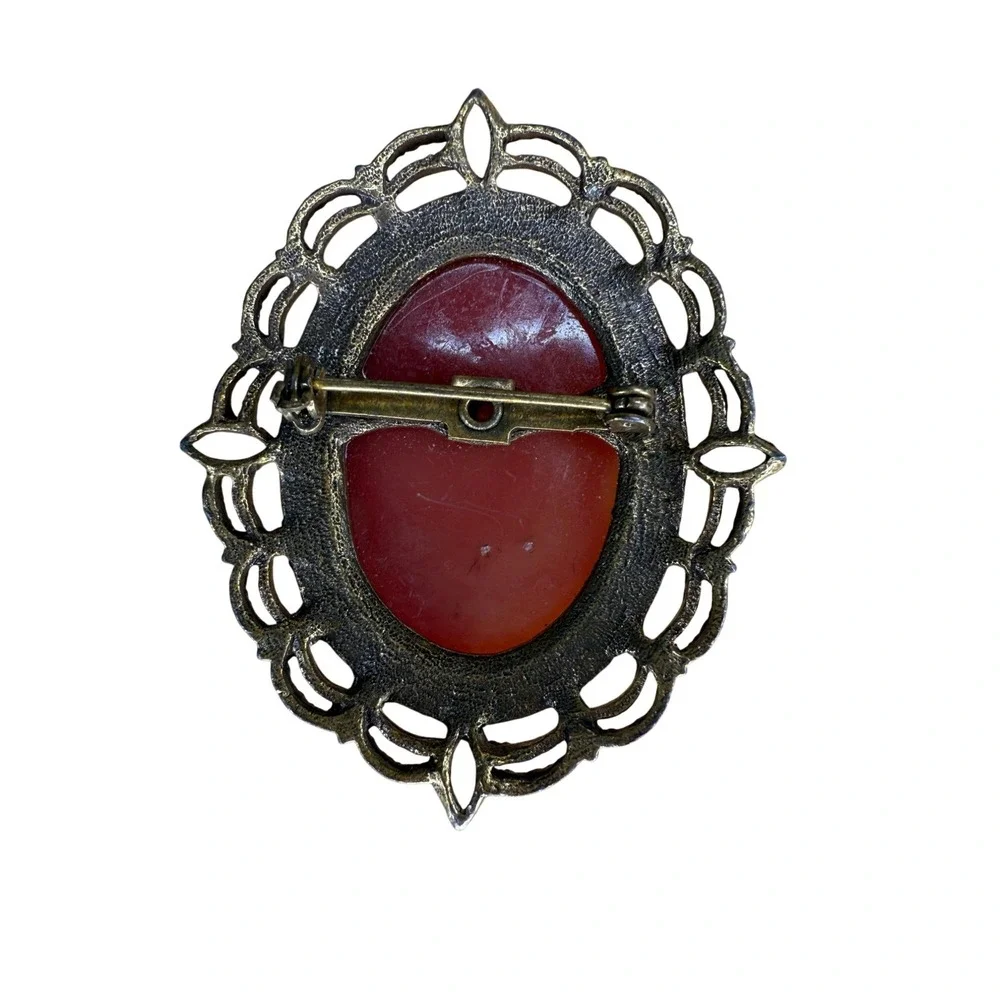 Cameo Brooch Pink Red Antiqued Bronze Filigree Victorian Style Pin - Picture 4 of 6